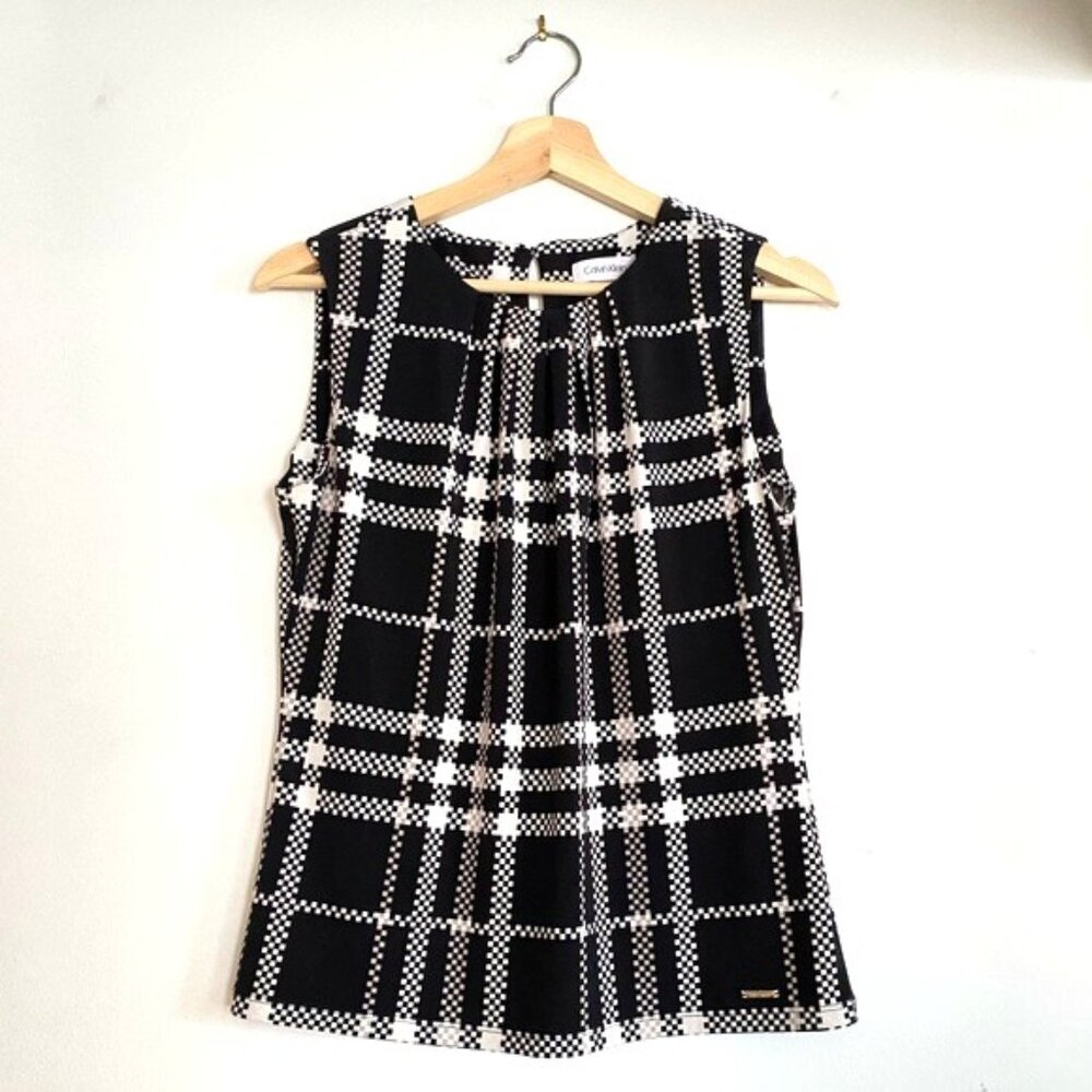 nwot CALVIN KLEIN plaid business shell blouse black white tan